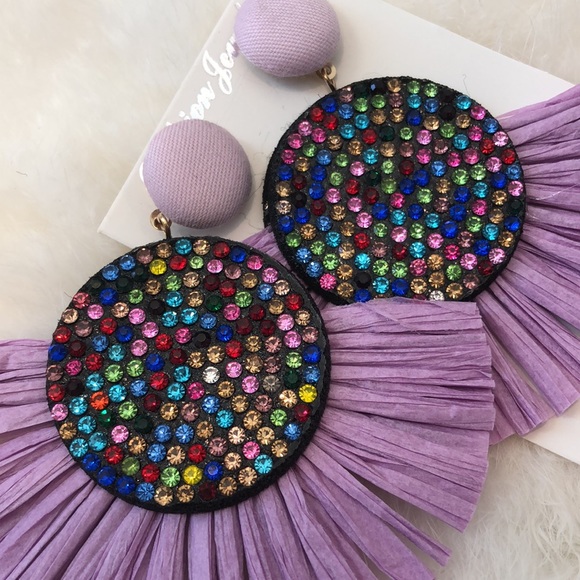 Large Multicolor Rhinestone Fringe Tassel Earrings - Picture 2 of 6
